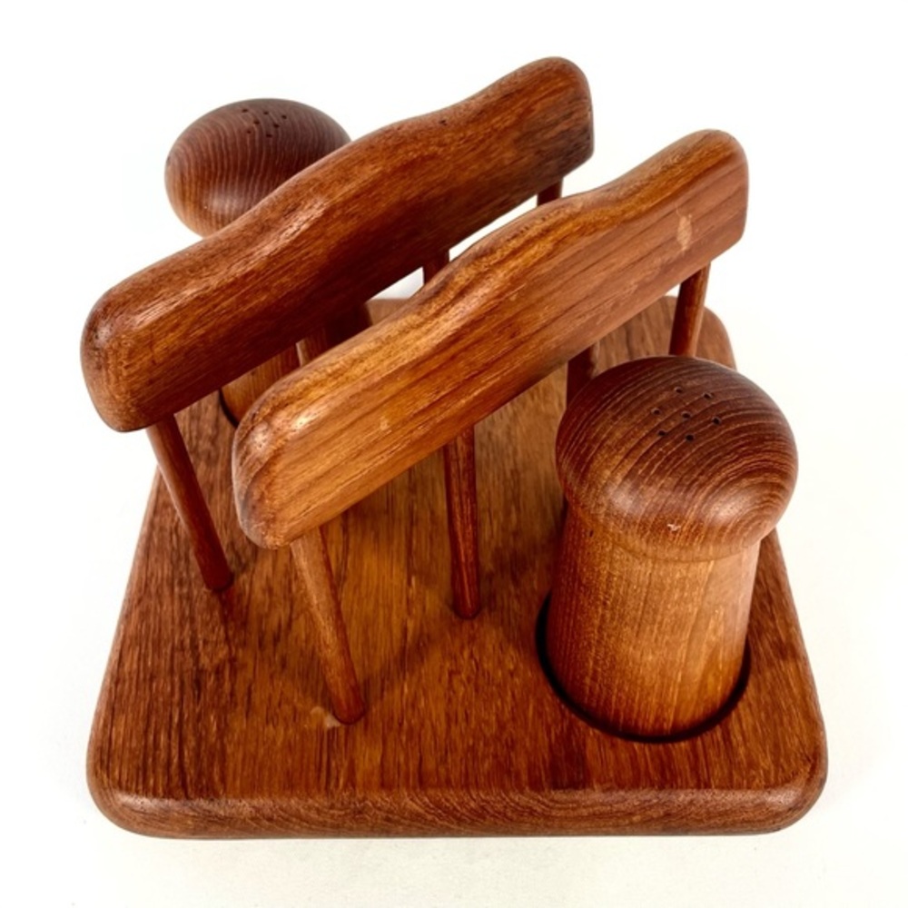 Vintage Teak Wood Salt Pepper Shaker Set Napkin Holder MCM Thailand